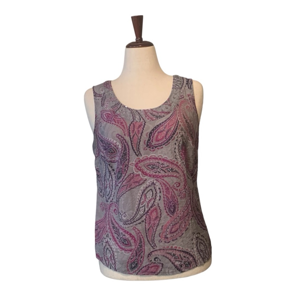 Croft & Barrow Purple and Gray Paisley‎ Tank Top Beading around Neckline Sz Med
